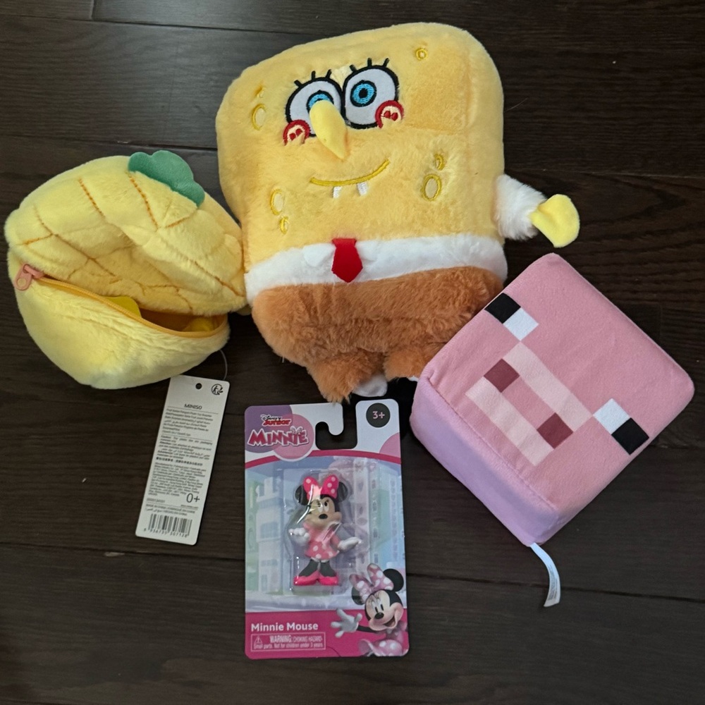 Set of 4 Toys- Spongebob + Minecraft Plushies, Pineapple coin purse, Mini Mouse